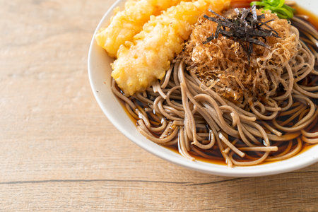 Japanese ramen noodles with shrimps tempura - Asian food style