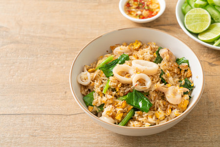 Fried rice with squid or octopus in bowl - stir-fried rice with squid, egg and kaleの写真素材