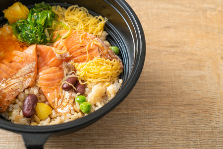 grilled salmon with brown rice donburi - Japanese food styleの写真素材