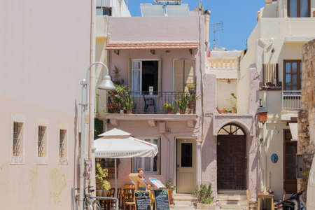 Rethymno, Greece. July  26. 2016: Cafe on shopping street. 16: Shopping street. Rethymno is the 3rd...