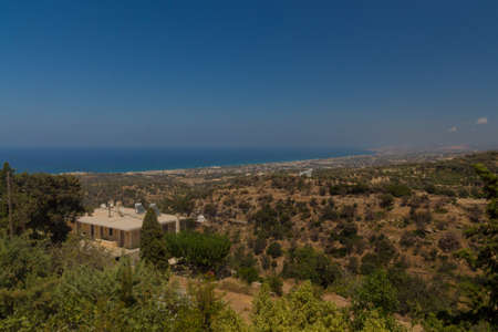 Agia Irini, Greece. July  27. 2016: Panoramic view to Rethymno from Agia Irini Monastery. Set on the foot of the mount Vrysina, on the northeast of the city of Rethymnon, the Holy Monastery of Agia Irini is one of the oldest in Crete and it is dated from のeditorial素材