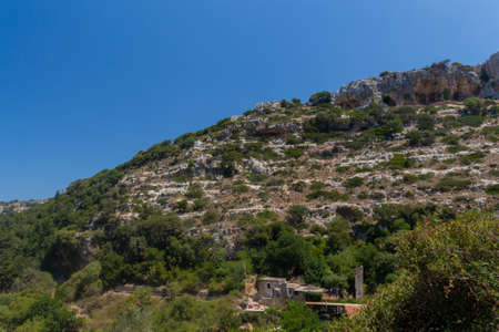 Rethymno, Greece. July  27. 2016: Panoramic view near Myli village. Îyli (referred also as: Myloi, Mili or even Muloi) is a part of the local community of Chromonastiri of the Rethymno Municipality in the Rethymno (regional unit) of the region of Crete eのeditorial素材