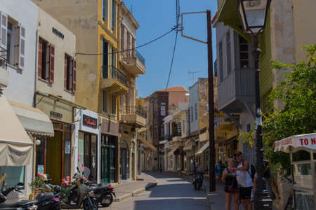 Rethymno, Greece - July  31, 2016: Narrow streets in old town. The old town of Rethymnon is one of...