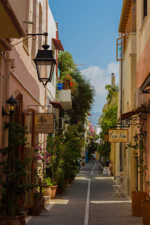 Rethymno, Greece - August  4, 2016: Narrow venetian street on old town. The old town of Rethymnon is one of the best-preserved towns of the Renaissance.のeditorial素材