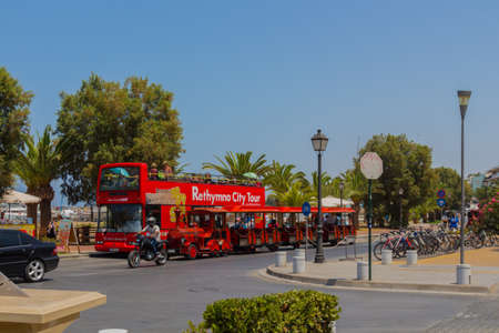 Rethymno, Greece - August  1, 2016:  Double decker touristic bus. Rethymno is the 3rd largest city...