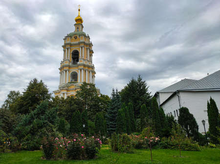 View to garden and belltower of the Novospassky monastery, Moscowの写真素材