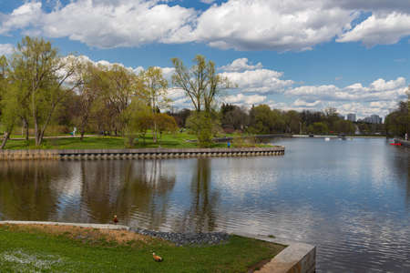 MOSCOW, RUSSIA - May 07, 2021: View to the Kamensky pond at ENEA (VDNH) during spring.のeditorial素材
