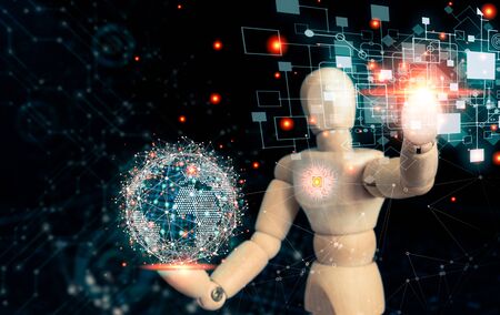 Artificial intelligence or wooden puppets connecting to big data global network everywhere in the...