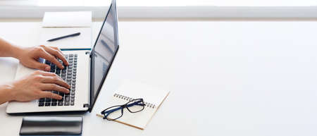 E-learning, online study concept. Student studying online class via laptop computer.の写真素材