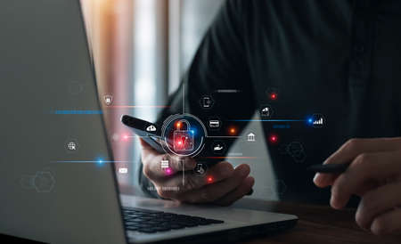 Cybersecurity and privacy concepts to protect data. Lock icon and internet network security...