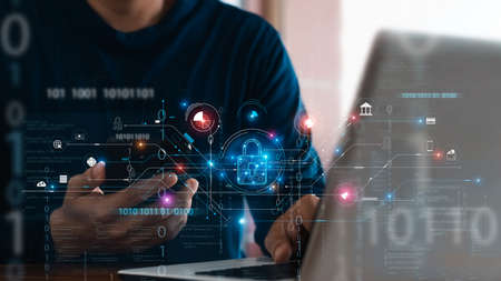 Cybersecurity and privacy concepts to protect data. Lock icon and internet network security...