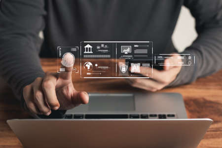 Concept of cyber security digital technology, business people use fingerprints to access personal...