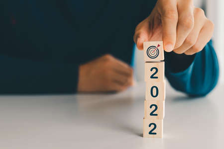 New year 2022 and goal plan, mobile stick with new year 2022 and goals or goals icon, goal concept and new year business vision.の写真素材