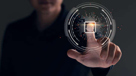 Security of future technology and Cybernetics on the Internet, finger scanning allows access to security and identification of big Data businesses, bank and Cloud Computers,AI.の写真素材