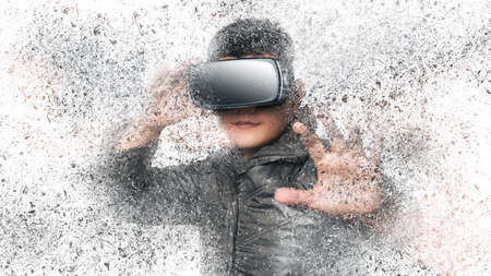 Young man using vr glasses with decay effect. Metaverse technology virtual reality concept. virtual...
