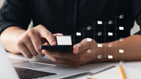 Document management concept. Virtual screen icons Document Management System (DMS) Online document...