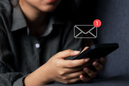 Marketing and business ideas through email, email or newsletter. email marketing or newsletter concept, sending e-mails. Easy to send and receive information online.の写真素材