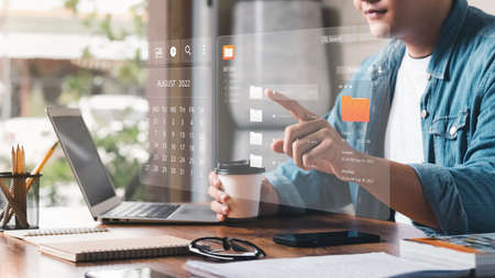 Document management concept. Virtual screen icons Document Management System (DMS) Online document database, software for efficient archiving, searching and management of company files and data.の写真素材