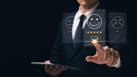 User give rating to service experience on online application, Customer review satisfaction feedback survey concept, Customer can evaluate quality of service leading to reputation ranking of business.の写真素材