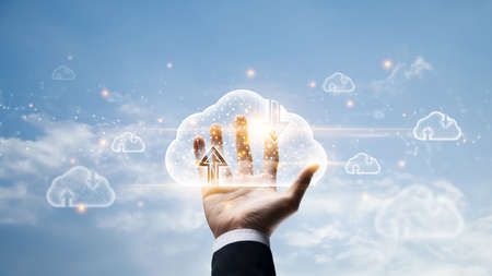 Cloud computing and online storage technologies, cloud computing and communications, connection to Internet server services for data transfer and data management on cloud sky background.の写真素材