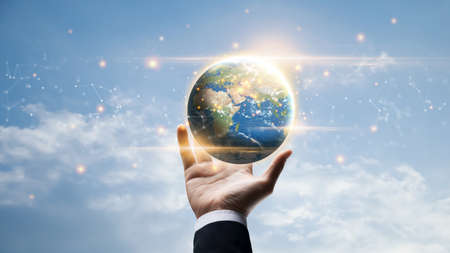 Man hands holding global network connection concept, business people connect social networks....