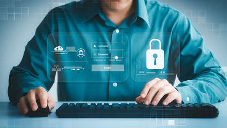 cybersecurity concept Global network security technology, business people protect personal...