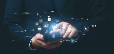 Concept of cyber security digital technology, business people use fingerprints to access personal cybersecurity, keeping users' personal information safe, secure internet accessの写真素材