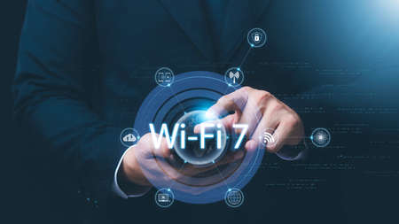 Man using smart phone with wifi technology 7 , connecting to the internet world with new technology.