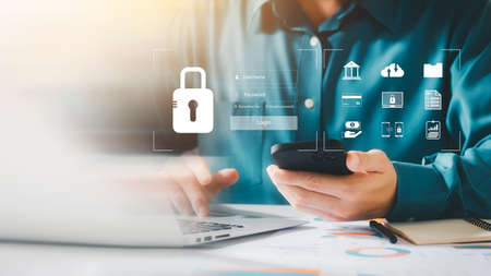 cybersecurity concept Global network security technology, business people protect personal...