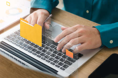 Document management concept. Virtual screen icons Document Management System (DMS) Online document...