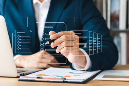 The company's product quality certificate meets the requirements. ISO certification, the mark symbol represents the standardization concept.の写真素材