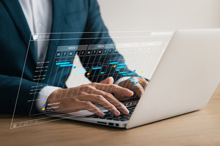 Businessman at the executive level analyzes the work strategy of the organization. Measure success with KPI, improve performance. Investigate and correct deficiencies, measure results concretely.の写真素材