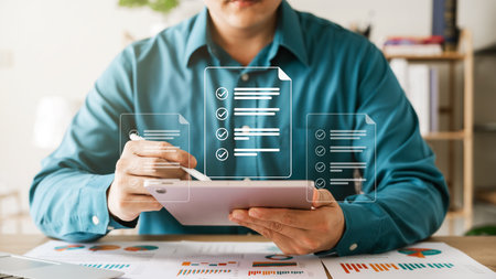 Businessman working with laptop a symbol of top service ISO Certification Document Management System...