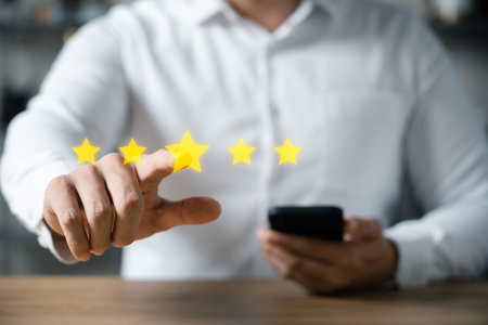 Customer Satisfaction Survey Concept, Users Rate Service Experiences On Online Application, Customers Can Evaluate Quality Of Service Leading To Business Reputation Rating.の写真素材