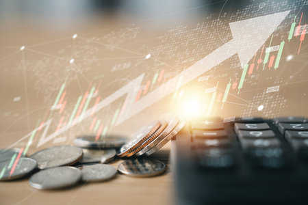 Financial information on country background, stacks of coins with charts graphs stock market background, ideas for finance Investment, business development concept and the world economy in the future.の写真素材