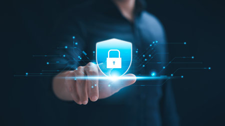 Cybersecurity concept, personal data protection and network security. Businessman touching key...
