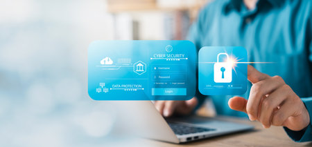 Cybersecurity with username and password, businessman using secure laptop encryption technology,...