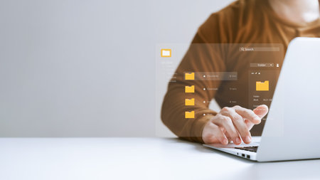 Document management concept. Virtual screen icons Document Management System DMS Online document database, software for efficient archiving, searching and management of company files and data.の写真素材