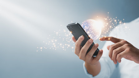 Global connection network structure, businessman using smartphone to connect social network, business strategy analysis, finance and banking, technology, innovation and communication concept.の写真素材