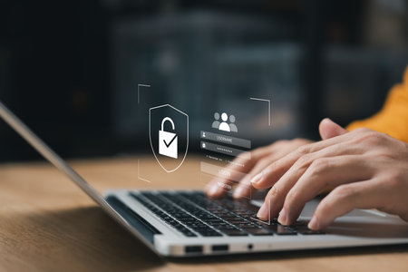 Cyber security and data protection, businessman using laptop Internet network security system,...