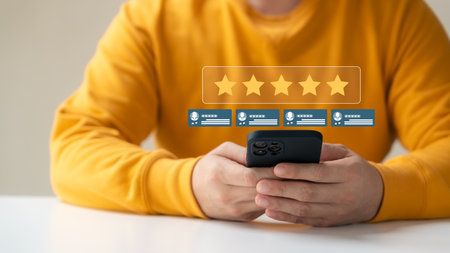 customer satisfaction survey concept business people use smartphone Touch the happy smiley icon....