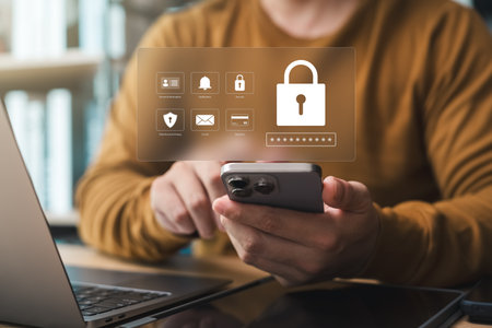 Cyber â€‹â€‹security technology, data protection, businessman using mobile phone and...