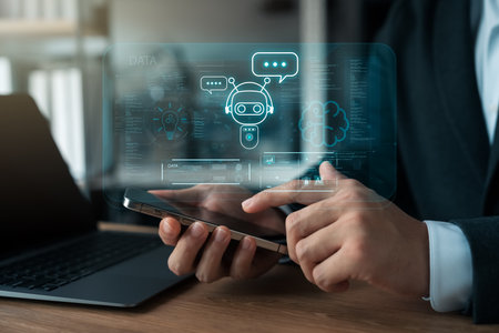 Businessmen use smartphones with AI applications to help them optimize their work to achieve smart...