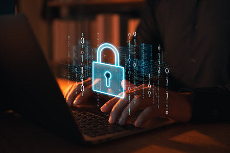 Cyber ââsecurity concept internet technology for data protection, virus protection from online cyber attacks, businessman protect personal data on laptop and virtual interface, data privacy.の写真素材