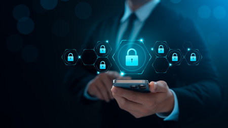 Cyber â€‹â€‹security and internet data protection, businessman using smartphone with...