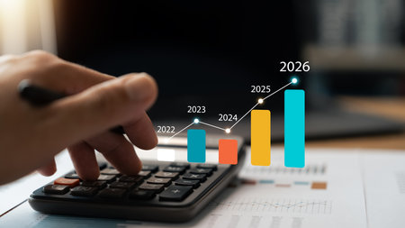 Growth Target 2026, Businessman Analyzes Arrow Chart Increasing Business Growth, Vision for 2026,...