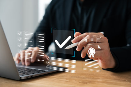 Business checklist management and performance tracking, businessman using laptop with digital...