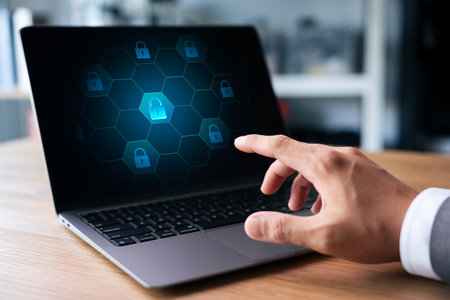 Cyber ââsecurity protects personal data and information on the internet, businessman using security encryption with laptop padlock icon protects business and financial data from hacker attacks.の写真素材
