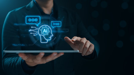 AI technology in daily life and business, young man uses tablet to use AI in work Access to big data networks, new era innovation artificial intelligence technology Deep learning.の写真素材