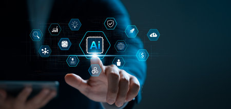 Businessmen touching the AI artificial intelligence, automation to help businesses improve their efficiency, and AI is being used in human life to help analyze data and prioritize life and work.の写真素材